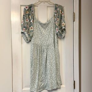 Green Puff Sleeve Scoop Neck Mini Dress